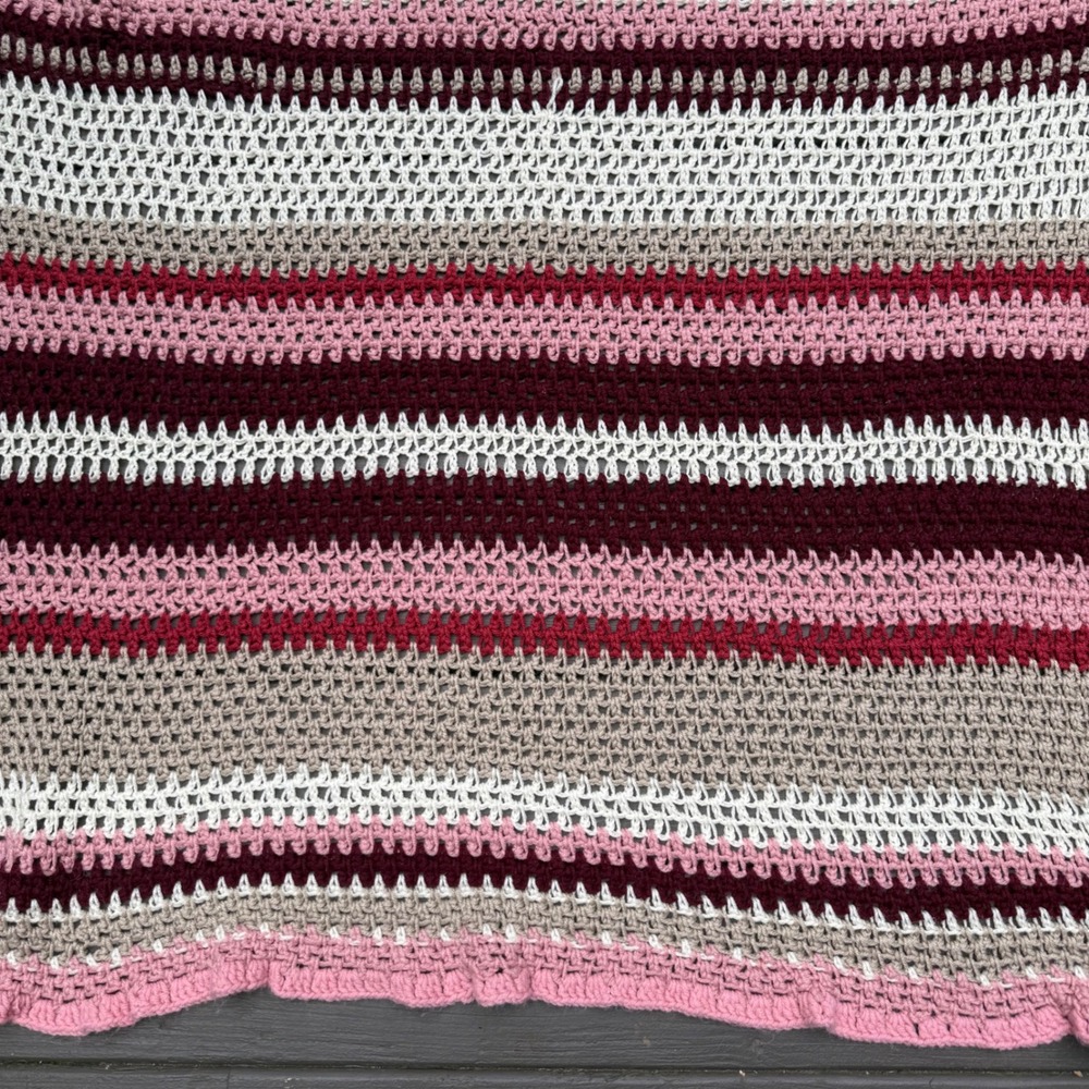 Handmade Crochet Afghan Throw Lap Blanket Pink Burgundy Cream Striped 42x44